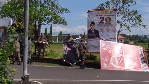 Petugas Satpol PP Jembrana saat melakukan penertiban spanduk serta baliho kadaluarsa di wilayah Kecamatan Negara, Kabupaten Jembrana, Rabu (5/4/2023). (I Putu Adi Budiastrawan/detikBali).