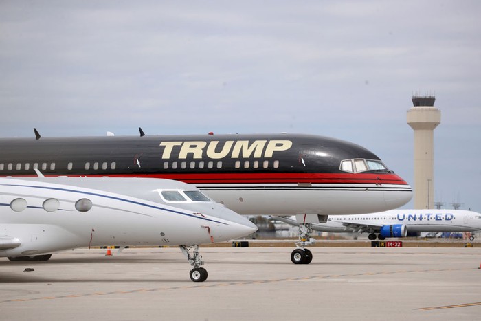 WEST PALM BEACH, FL - MARCH 20: Former President Donald Trump private airplane known as Trump Force One is parked on the tarmac at the Palm Beach International Airport on March 20, 2023 in West Palm Beach, United States. Trump said on a social media post recently that he expects to be arrested in connection with an investigation into a hush-money payment involving adult film actress Stormy Daniels, and called on his supporters to protest any such move. (Photo by Octavio Jones/Getty Images)