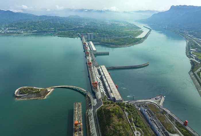 YICHANG, CHINA - APRIL 6, 2023 - Aerial photo shows the Three Gorges Dam area in Yichang, Hubei Province, China, April 6, 2023. (Photo credit should read CFOTO/Future Publishing via Getty Images)