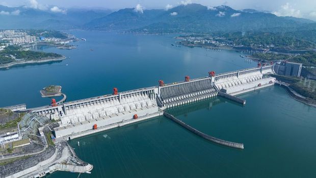 YICHANG, CHINA - APRIL 6, 2023 - Aerial photo shows the Three Gorges Dam area in Yichang, Hubei Province, China, April 6, 2023. (Photo credit should read CFOTO/Future Publishing via Getty Images)