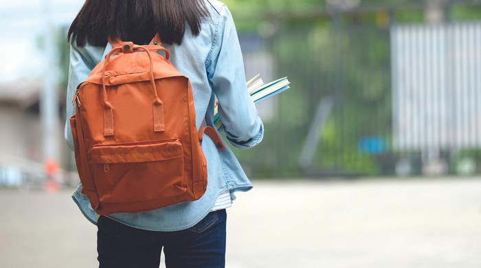 Back of university student with backpack while going to college by walking from street, teenager in campus, education concept
