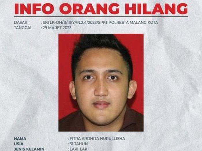 Pria asal Kota Malang yang dilaporkan hilang usai berpamitan berangkat kerja.