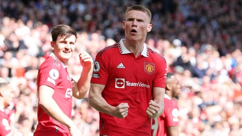 MANCHESTER, ENGLAND - APRIL 08: Scott McTominay of Manchester United celebrates after scoring the teams first goal during the Premier League match between Manchester United and Everton FC at Old Trafford on April 08, 2023 in Manchester, England. (Photo by Jan Kruger/Getty Images)