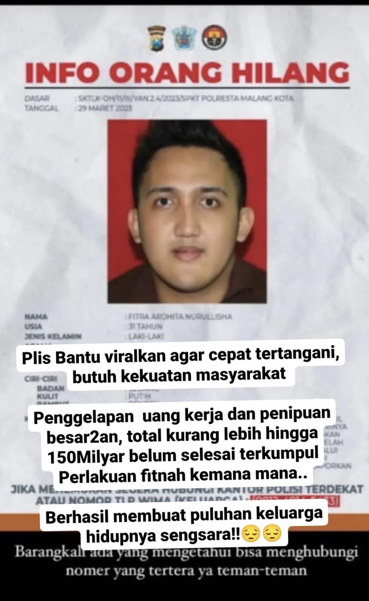 Unggahan tentang pria di Kota Malang yang dilaporkan hilang