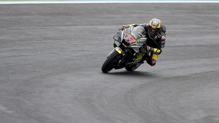 Marco Bezzecchi, from Italy, drives his Ducati during the MotoGP in Termas de Rio Hondo, Argentina, Saturday, April 1, 2023. (AP Photo/Natacha Pisarenko)
