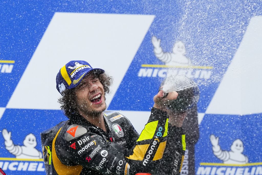 Marco Bezzecchi, from Italy, drives his Ducati during the MotoGP in Termas de Rio Hondo, Argentina, Saturday, April 1, 2023. (AP Photo/Natacha Pisarenko)