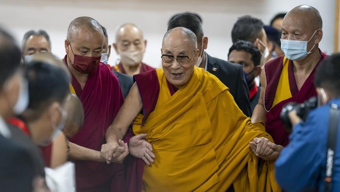 Tibetan spiritual leader the Dalai Lama arrives to inaugurate a museum containing the archives of the institution of the Dalai Lama in Dharmsala, India, Wednesday, July 6, 2022. Exile Tibetans also celebrated their spiritual leaders 87th birthday today. (AP Photo/Ashwini Bhatia)