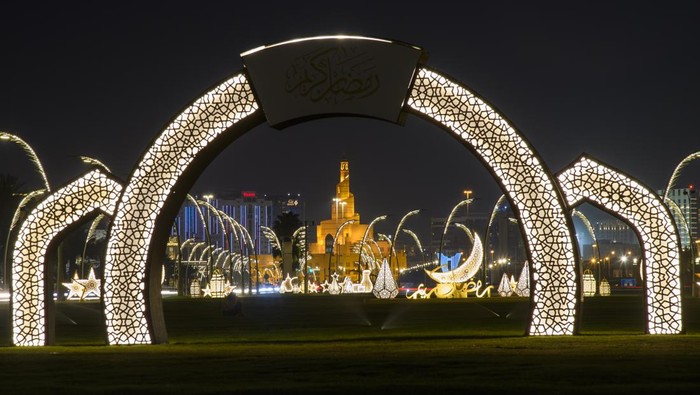 Newly installed lights on the Doha Corniche as part of the Doha Ramadan Lights Festival 2023 for the holy month of Ramadan in Doha,Qatar on 09 April 2023. (Photo by Noushad Thekkayil/NurPhoto via Getty Images)