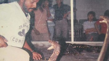 Pria di atas bernama Ali Khan Samsudin, seorang pawang ular terkenal yang sering melakukan akrobat dengan ular kobra. Aksinya paling dikenal karena mengunci dirinya di sebuah ruangan dengan 400 ular kobra selama 40 hari . Ironisnya setelah bertahun-tahun melakukan itu, seekor ular kobra menyerang. Khan terkena bisa sang kobra yang bikin nyawanya melayang pada tahun 2006. Foto: Reddit