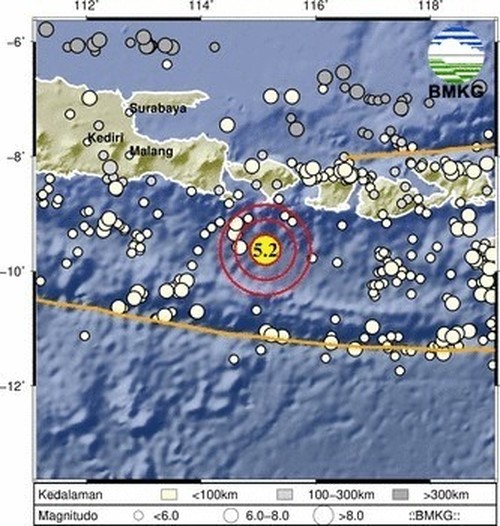 Gempa magnitudo 5,0 dan 5,2 mengguncang Bali Selatan, sekitarnya pukul 08:36:20 dan 08:37:29 Wita, Senin, 10 April 2023. (BMKG Bali)