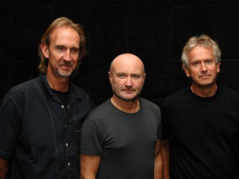 TORONTO, ON - SEPTEMBER 05:  (L-R) Musicians Mike Rutherford, Phil Collins and Tony Banks pose before talking about their band Genesis during a press conference before the dress rehearsal of the 20 city North American leg of their 