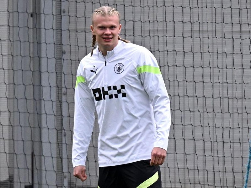 Manchester City's Norwegian striker Erling Haaland attends a team training session at Manchester City training ground in Manchester, north-west England on April 10, 2023, on the eve of their UEFA Champions League quarter-final first leg football match against Bayern Munich. (Photo by Paul ELLIS / AFP) (Photo by PAUL ELLIS/AFP via Getty Images)