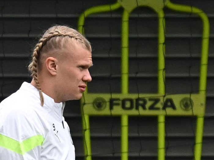 Manchester City's Norwegian striker Erling Haaland attends a team training session at Manchester City training ground in Manchester, north-west England on April 10, 2023, on the eve of their UEFA Champions League quarter-final first leg football match against Bayern Munich. (Photo by Paul ELLIS / AFP) (Photo by PAUL ELLIS/AFP via Getty Images)