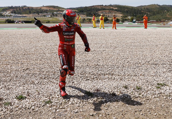 MotoGP - Portuguese Grand Prix - Algarve International Circuit, Portimao, Portugal - March 26, 2023 Ducati Lenovo Teams Francesco Bagnaia celebrates after winning the race REUTERS/Marcelo Del Pozo
