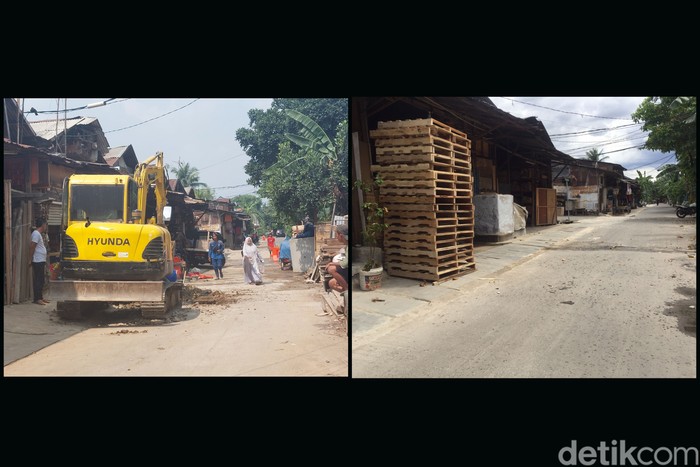 Jl Buluh Perindu, Pondok Bambu, Duren Sawit, Jaktim. Sebelum dan sesudah penyelesaian pembangunan got antibnjir, 11 April 2023. (Fathia Nabila Qonita/detikcom)