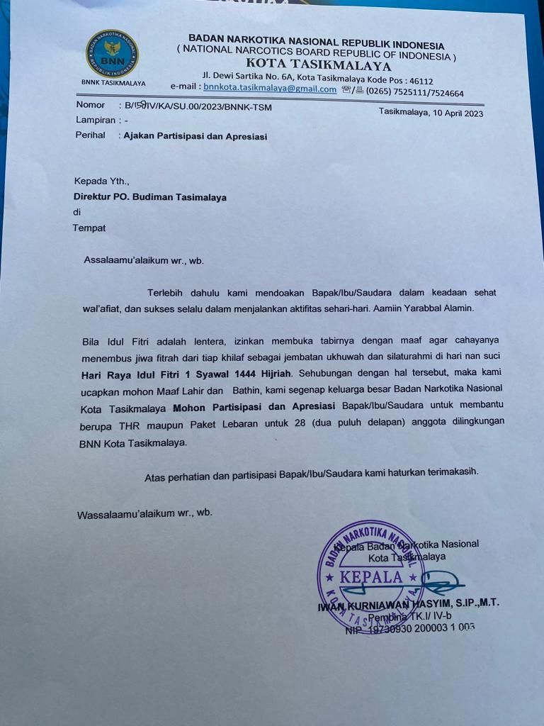 Surat permintaan bantuan untuk paket Lebaran dari BNN Kota Tasikmalaya.