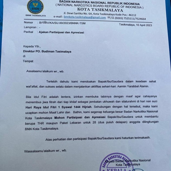 Surat permintaan bantuan untuk paket Lebaran dari BNN Kota Tasikmalaya.