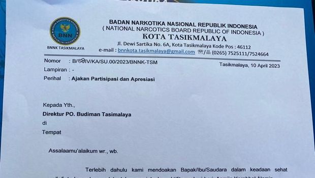 Surat permintaan bantuan untuk paket Lebaran dari BNN Kota Tasikmalaya.