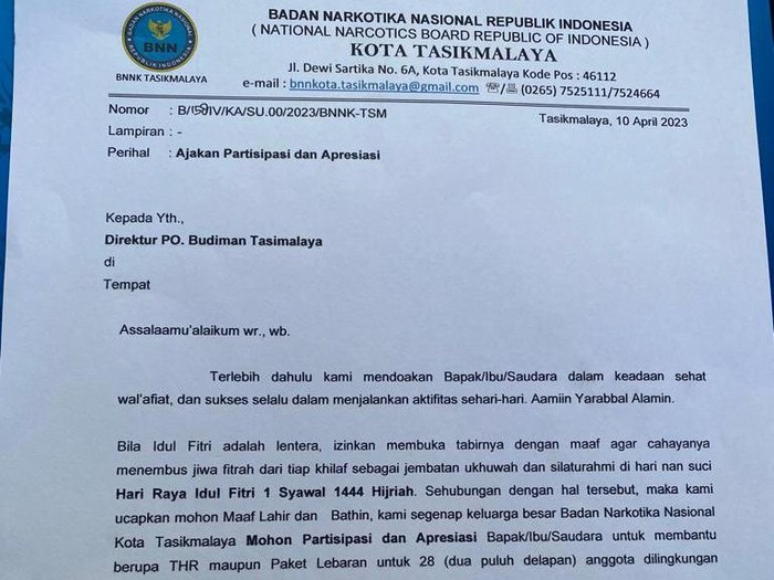 Surat permintaan bantuan untuk paket Lebaran dari BNN Kota Tasikmalaya.