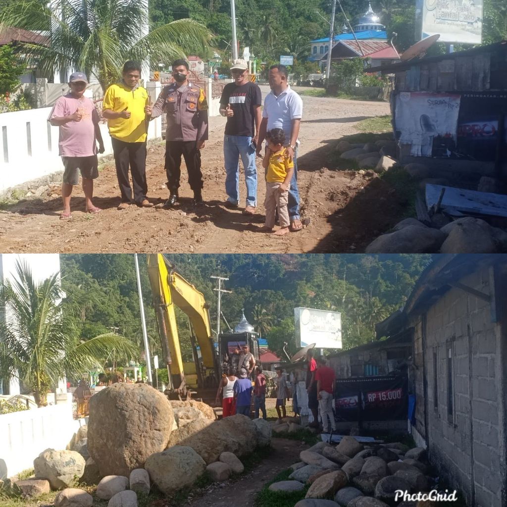 Jalan yang di Bungus yang didutup warga pakai batu besar.