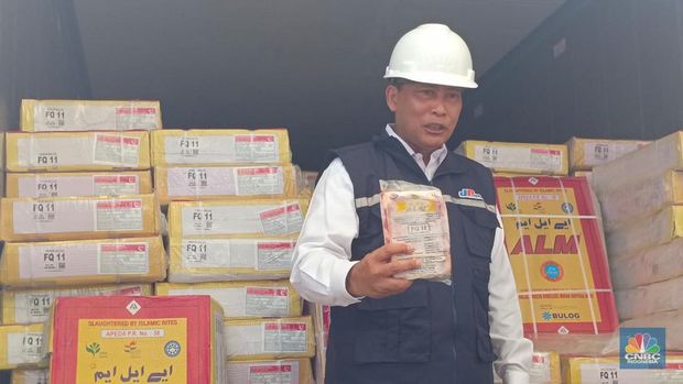 Dirut Perum Bulog Budi Waseso membongkar 18.000 ton daging kerbau beku asal India di New Priok Container Terminal One (NPCTI), Jakarta, Rabu (14/4/2023). (CNBC Indonesia/Martyasari Rizky)