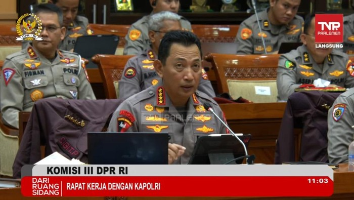 Kapolri Jenderal Listyo Sigit Prabowo dalam Rapat Kerja Komisi III DPR RI, Rabu (12/4/2023). (Screenshot YouTube DPR).