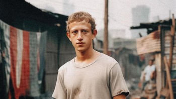 Mark Zuckerberg digambarkan dengan T-shirt kotor dan celana pendek biru berdiri di tengah perkampungan kumuh Foto: https://www.instagram.com/withgokul/