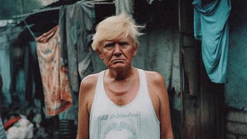 Presiden Donald Trump digambarkan terlihat gagah dan acak-acakan mengenakan tank-top kebesaran putih dan celana pendek kotor dengan rambut kuning khasnya tumbuh terlalu besar dan liar dengan ekspresi sombong di wajahnya. Foto: https://www.instagram.com/withgokul/