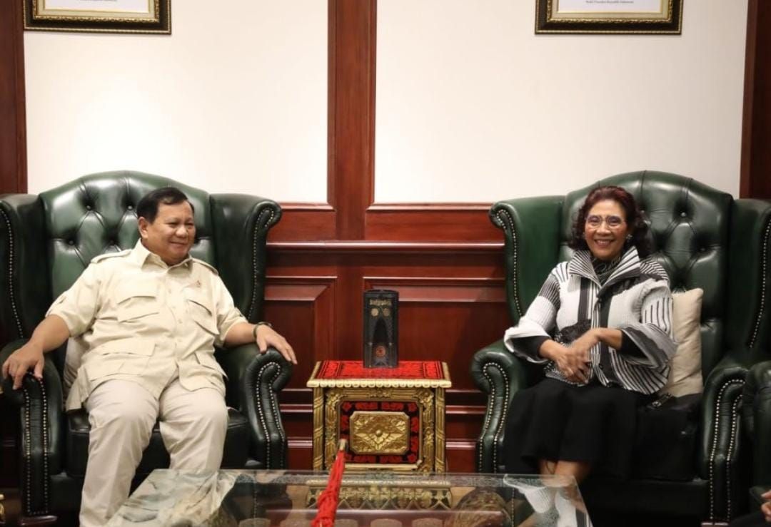 Mantan Menteri Kelautan dan Perikanan Susi Pudjiastuti bertemu dengan Menteri Pertahanan Prabowo Subianto, Rabu (12/4/2023).