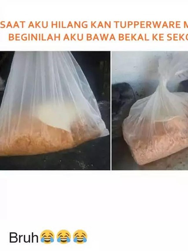 Daripada Tupperware lain koleksi emak ikutan hilang, mending bawa bekal pakai plastik aja. Terlihat sedikit miris tapi ya nggak apa-apa deh selama emak nggak ngomel. Foto: Instagram