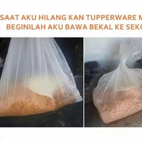 Daripada Tupperware lain koleksi emak ikutan hilang, mending bawa bekal pakai plastik aja. Terlihat sedikit miris tapi ya nggak apa-apa deh selama emak nggak ngomel. Foto: Instagram