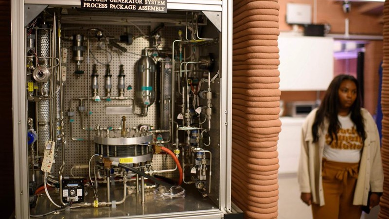 A simulated Mars exterior portion of the CHAPEA's Mars Dune Alpha at the Johnson Space center in Houston, Texas on April 11, 2023. - CHAPEA's Mars Dune Alpha is a 3D printed habitat designed to serve as an analog for one-year missions. (Photo by Mark Felix / AFP) (Photo by MARK FELIX/AFP /AFP via Getty Images)