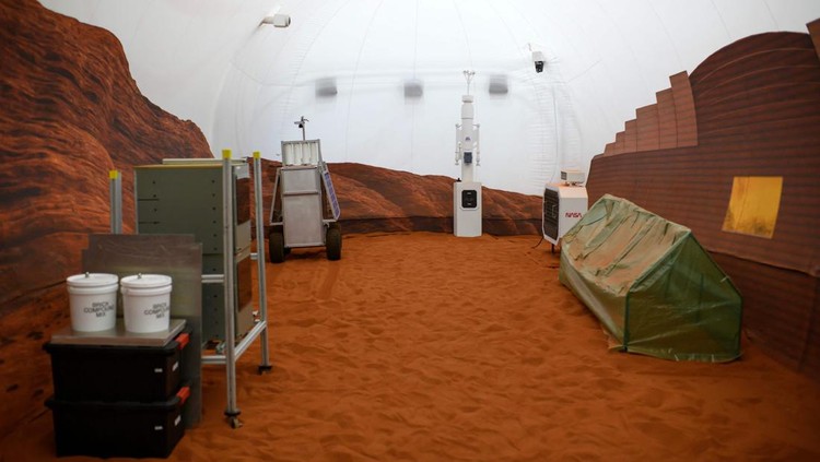 A simulated Mars exterior portion of the CHAPEAs Mars Dune Alpha at the Johnson Space center in Houston, Texas on April 11, 2023. - CHAPEAs Mars Dune Alpha is a 3D printed habitat designed to serve as an analog for one-year missions. (Photo by Mark Felix / AFP) (Photo by MARK FELIX/AFP /AFP via Getty Images)