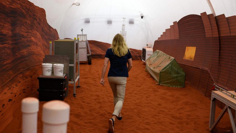 A simulated Mars exterior portion of the CHAPEA's Mars Dune Alpha at the Johnson Space center in Houston, Texas on April 11, 2023. - CHAPEA's Mars Dune Alpha is a 3D printed habitat designed to serve as an analog for one-year missions. (Photo by Mark Felix / AFP) (Photo by MARK FELIX/AFP /AFP via Getty Images)