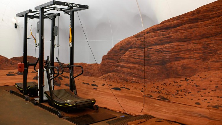 A simulated Mars exterior portion of the CHAPEAs Mars Dune Alpha at the Johnson Space center in Houston, Texas on April 11, 2023. - CHAPEAs Mars Dune Alpha is a 3D printed habitat designed to serve as an analog for one-year missions. (Photo by Mark Felix / AFP) (Photo by MARK FELIX/AFP /AFP via Getty Images)