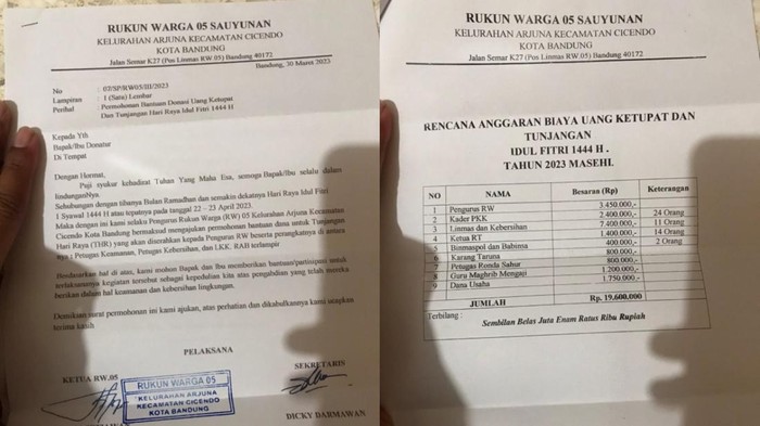 Sepucuk surat yang berisikan permohonan donasi menjelang lebaran dikeluarkan pengurus RW 05, Kelurahan Arjuna, Kecamatan Cicendo, Kota Bandung