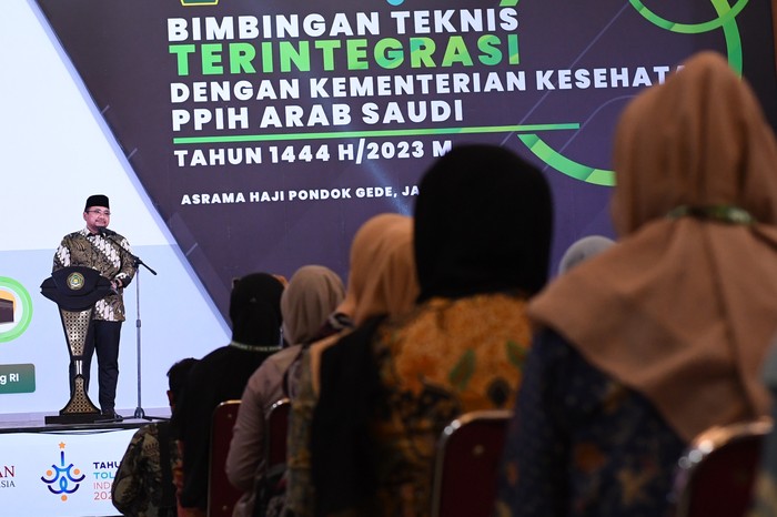 Menag Yaqut Cholil Qoumas saat membuka Bimtek Terintegrasi PPIH Arab Saudi 2023, 12 April 2023 di Asrama Haji, Pondok Gede Jakarta