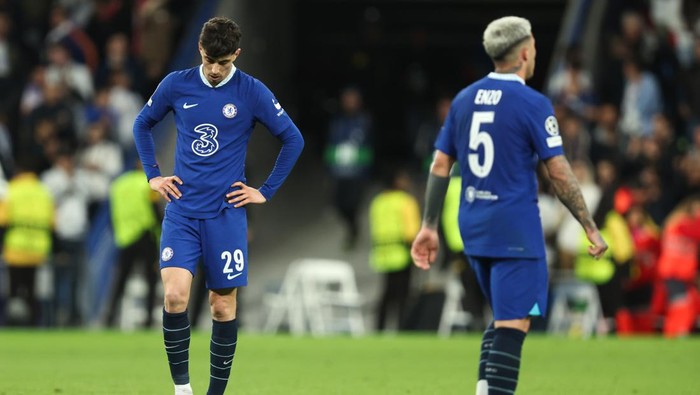 MADRID, SPAIN - APRIL 12: A dejected Kai Havertz of Chelsea at full time during the UEFA Champions League quarterfinal first leg match between Real Madrid and Chelsea FC at Estadio Santiago Bernabeu on April 12, 2023 in Madrid, Spain. (Photo by James Williamson - AMA/Getty Images)