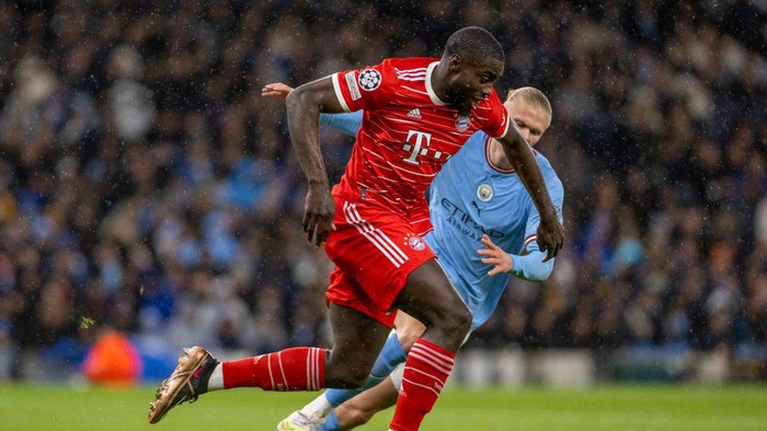 MANCHESTER, ENGLAND - APRIL 11: Dayot Upamecano of Bayern Munich in action during the UEFA Champions League quarterfinal first leg match between Manchester City and FC Bayern München at Etihad Stadium on April 11, 2023 in Manchester, United Kingdom. (Photo by Richard Callis/Eurasia Sport Images/Getty Images)