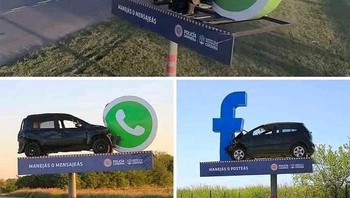 Iklan peringatan bahaya mengakses WhatsApp dan Facebook di HP saat berkendaran. Foto: Boredpanda 