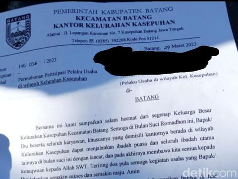 Lurah Kasepuhan, Kecamatan Batang, Kabupaten Batang, Dirgahayu Riyadi, dan surat resmi yang meminta bantuan THR ke pelaku usaha. Diunggah Kamis (13/4/2023).