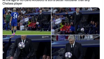 Meme ini menyindir Carlo Ancelotti di umur 63 tahun masih menjadi pesepakbola yang lebih baik daripada pemain Chelsea. Foto: Twitter