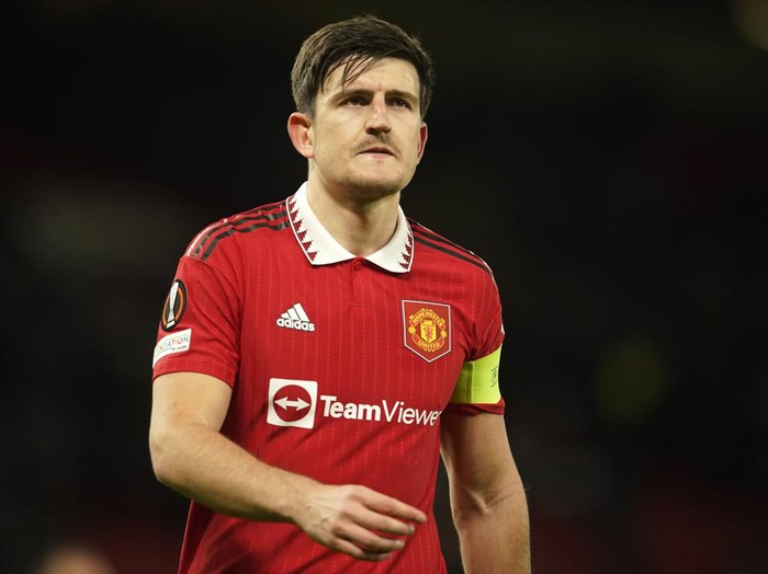 Manchester Uniteds Harry Maguire walks off the pitch after the Europa League first leg quarterfinal soccer match between Manchester United and Sevilla at the Old Trafford stadium in Manchester, Thursday, April 13, 2023. (AP Photo/Dave Thompson)