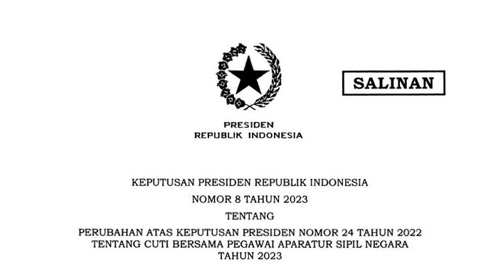 Keppres Nomor 8 Tahun 2023 tentang Perubahan Cuti Bersama Pegawai Aparatur Sipil Negara Tahun 2023.