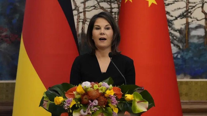 German Foreign Minister Annalena Baerbock speaks during a joint press conference with Chinese Foreign Minister Qin Gang at the Diaoyutai State Guesthouse in Beijing Friday, April 14, 2023. (Suo Takekuma/Pool Photo via AP)