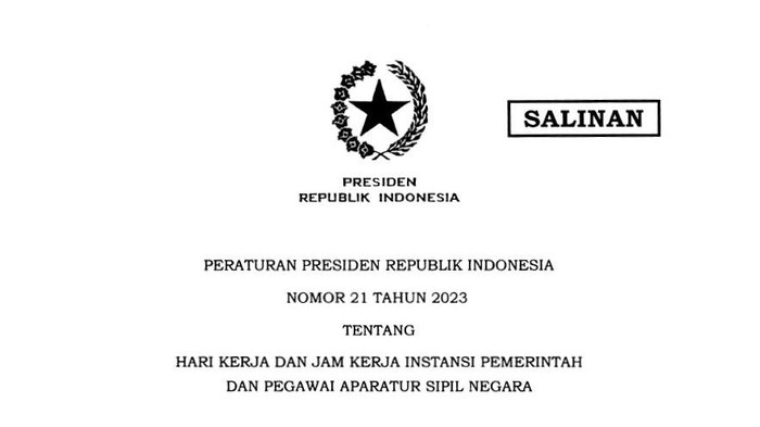 Perpres Nomor 21 Tahun 2023 tentang Hari Kerja dan Jam Kerja Instansi Pemerintah dan Pegawai Aparatur Sipil Negara (ASN).