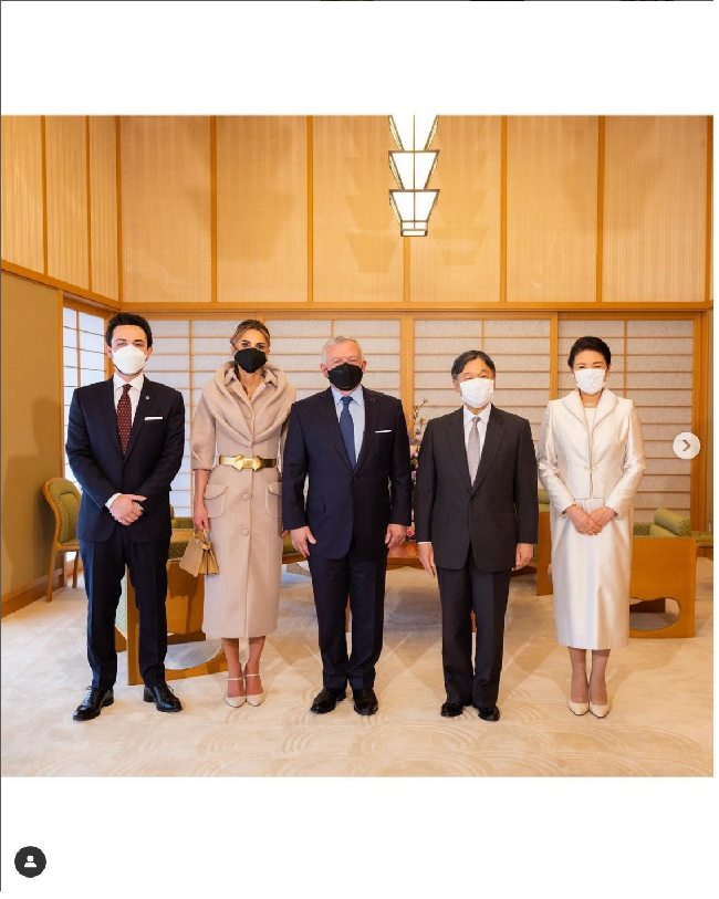 Putra mahkota Pangeran Hussein juga ikut mendampingi kedua orangtuanya menemui Kaisar Naruhito dan Permaisuri Masako dari Jepang. Foto: Dok. Instagram