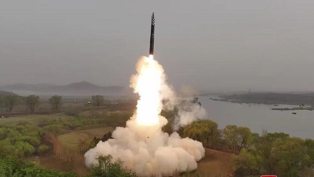 This photo provided April 14, 2023, by the North Korean government, shows what it says is the test-launch of Hwasong-18 intercontinental ballistic missile Thursday, April 13, 2023 at an undisclosed location, North Korea. Independent journalists were not given access to cover the event depicted in this image distributed by the North Korean government. The content of this image is as provided and cannot be independently verified. Korean language watermark on image as provided by source reads: 