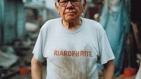Pengusaha Amerika Warren Buffet terlihat mengenakan T-shirt putih dengan noda kotoran terselip di celana yang dibuka ritsletingnya Foto: https://www.instagram.com/withgokul/