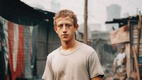 Mark Zuckerberg digambarkan dengan T-shirt kotor dan celana pendek biru berdiri di tengah perkampungan kumuh Foto: https://www.instagram.com/withgokul/